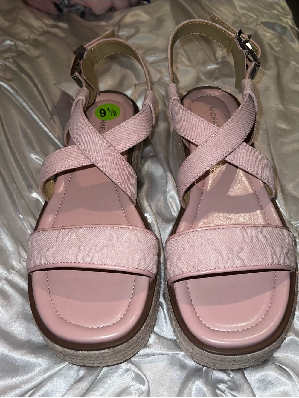 Michael Kors pink monogram platform espadrille sandals with silver Buckle